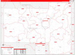 Fond du Lac County, WI Wall Map Zip Code Red Line Style 2024